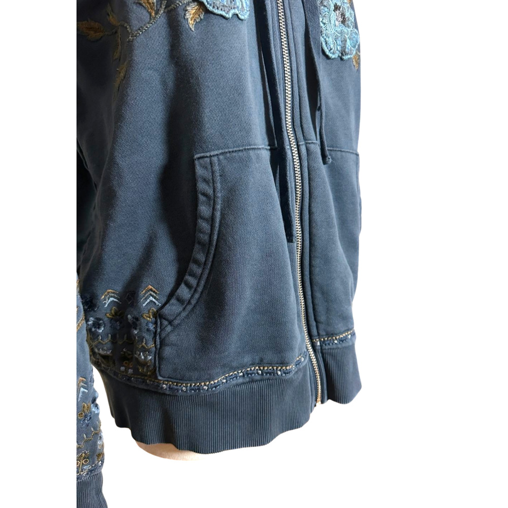 Driftwood Blue Teddy Rose Patchwork Embroidered Hooded Zip Sweatshirt Large - Picture 6 of 8